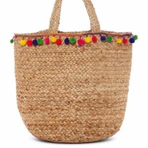 Shiraleah Santana Pom Pom Jute Tote Beach Bag Large Open Top Double Handles